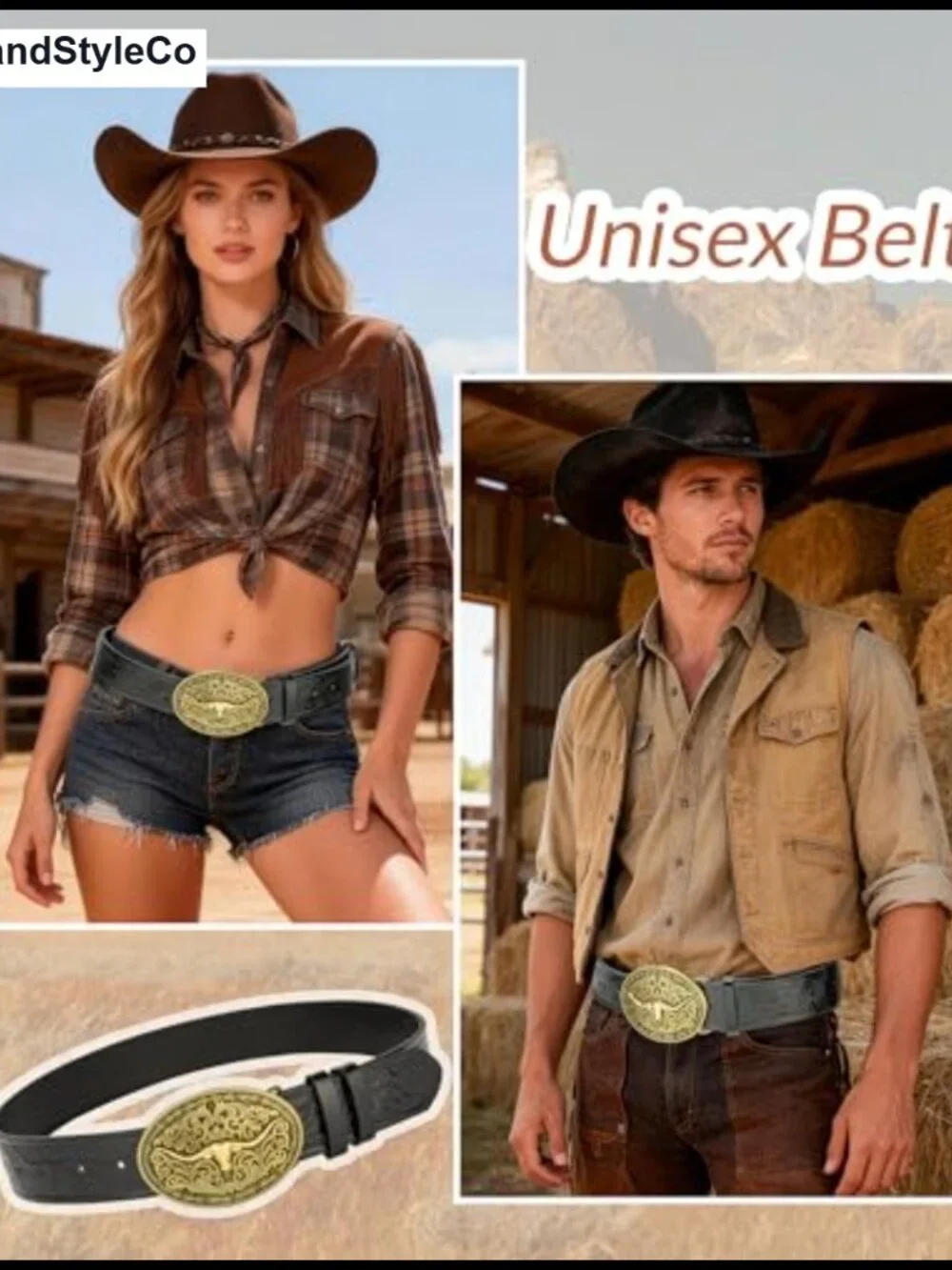 Womens Cowgirl Belt Longhorn Buckle PU Leather Western Faux Leather Adjustable